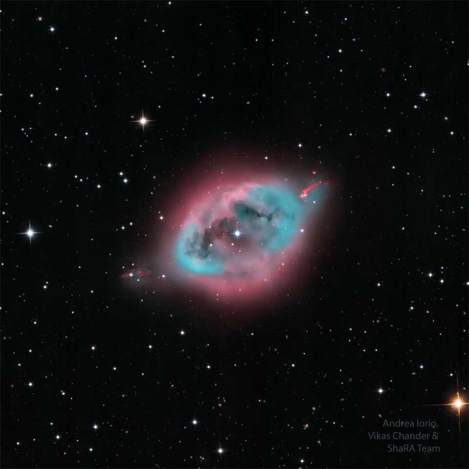Ein dunkles Sternenfeld umgibt eine blaue-rosa Nebelwolke. Mitten in der Nebelwolke verlaufen ein paar dunkle Staubbahnen.